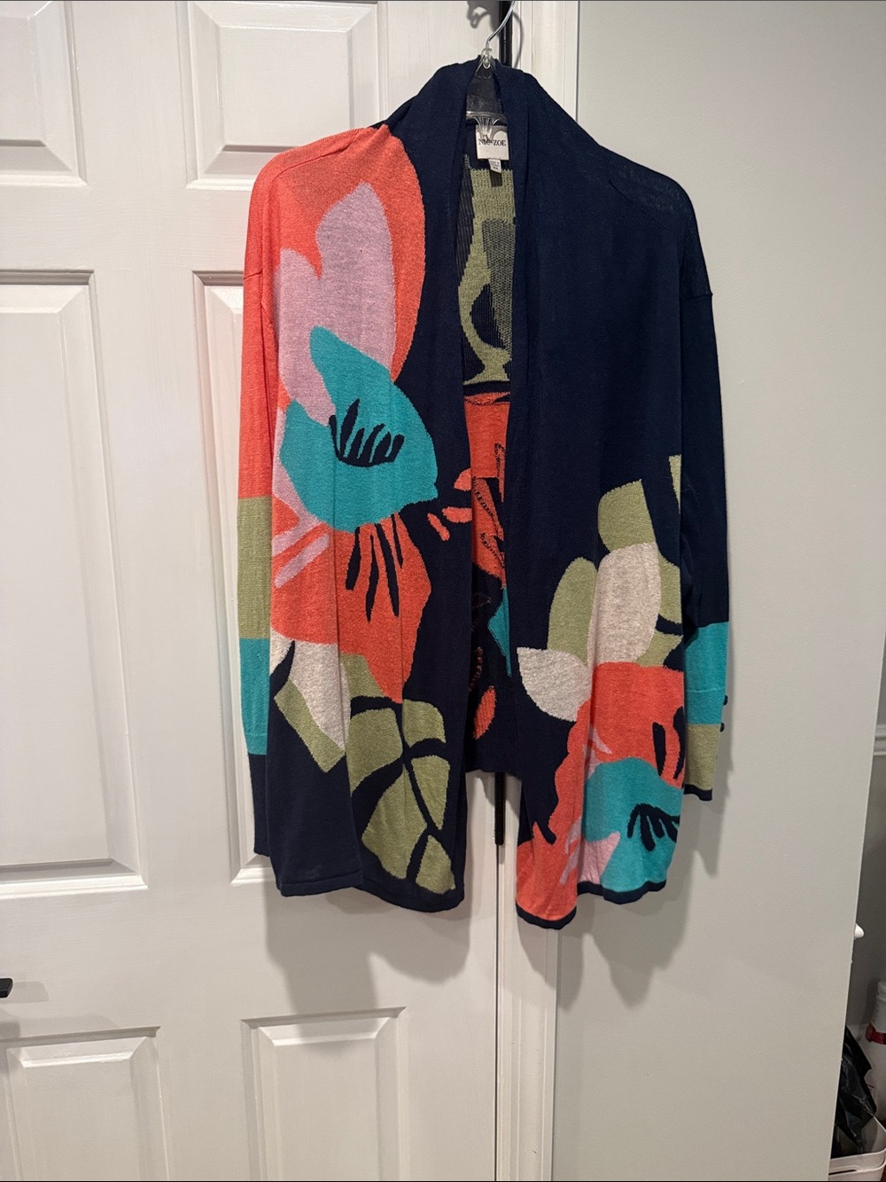 NIC+ZOE Navy Floral Open-Front Cardigan with Coral and Teal Accents